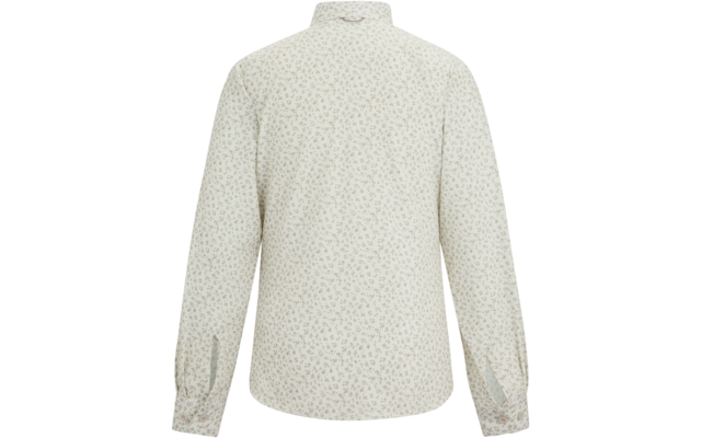 Rückansicht einer hellen Bluse mit kleinem Blumenmuster, Stehkragen, langen Ärmeln und geknöpften Manschetten