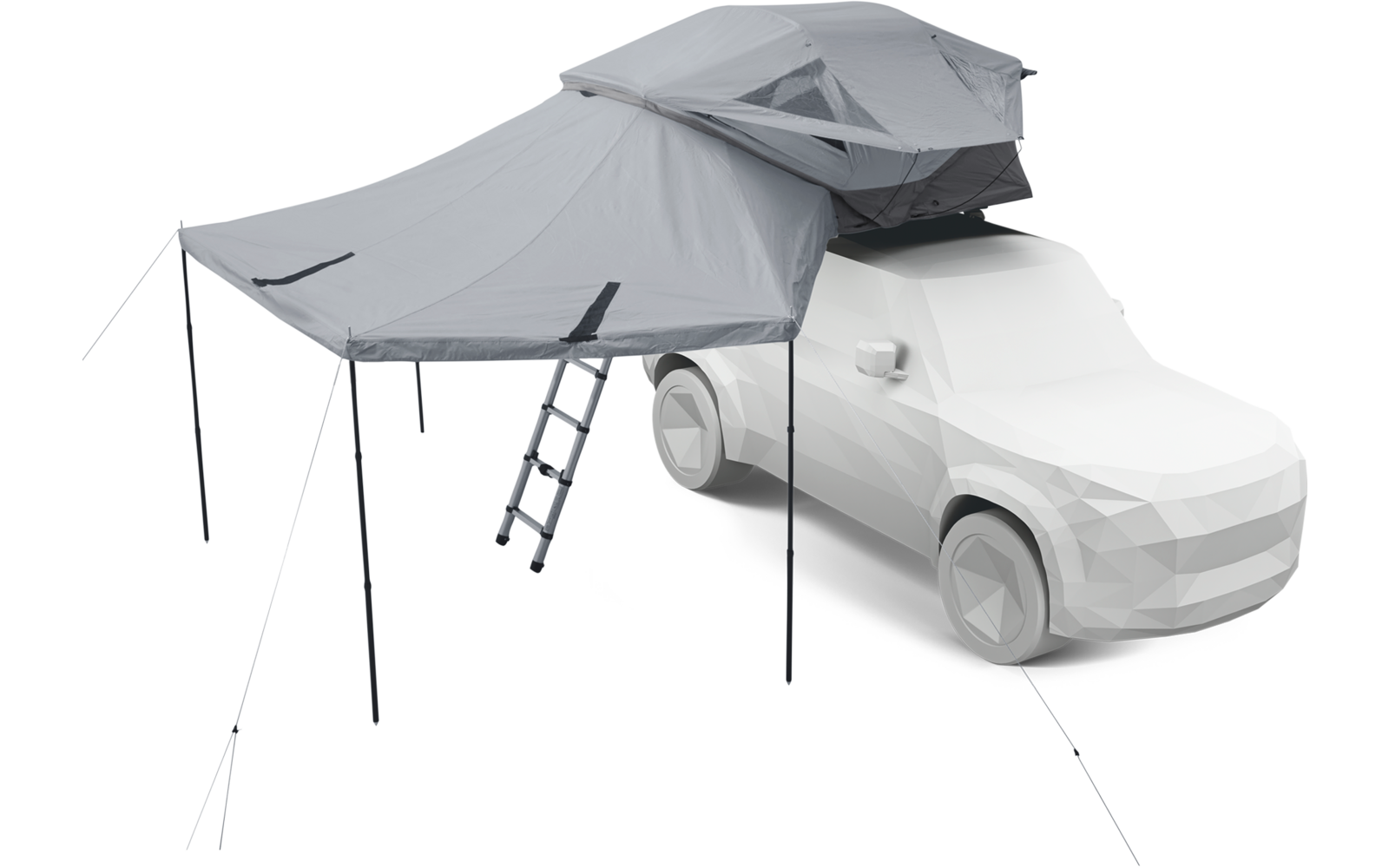 SUV mit aufgeklapptem Dachzelt, seitlichem Vorzelt auf Stangen und einer Leiter zur Zeltöffnung