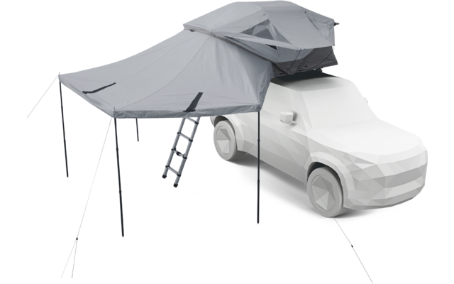 SUV mit aufgeklapptem Dachzelt, seitlichem Vorzelt auf Stangen und einer Leiter zur Zeltöffnung