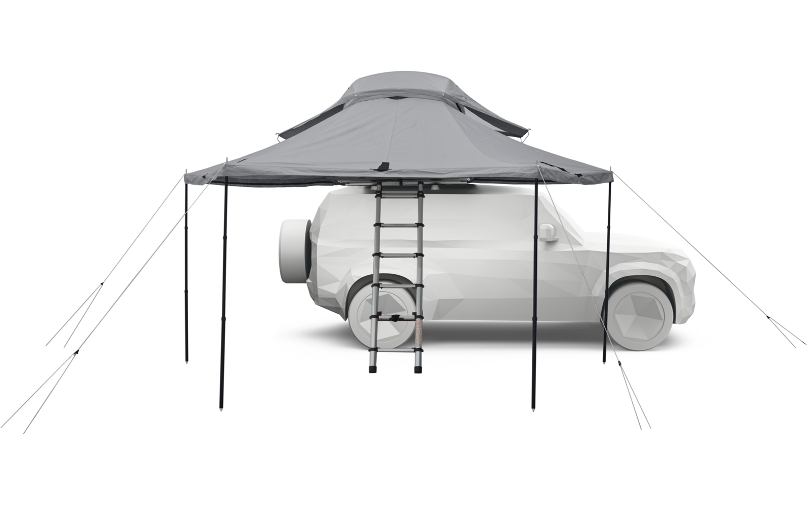 Fahrzeug mit aufgestelltem Dachzelt, vorne angebrachter Leiter und darüber gespanntes Vordach auf vier Stangen mit Abspannleinen