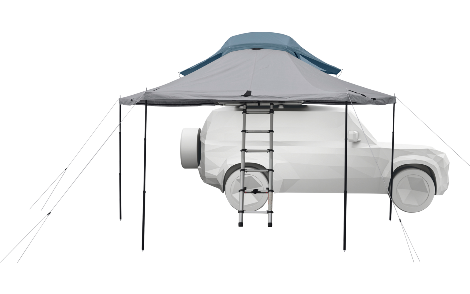 Weißes SUV mit aufgesetztem Dachzelt, ausklappbare Leiter zum Zelt, davor graues Sonnendach mit vier Stangen und Abspannleinen, Zeltoberseite türkis