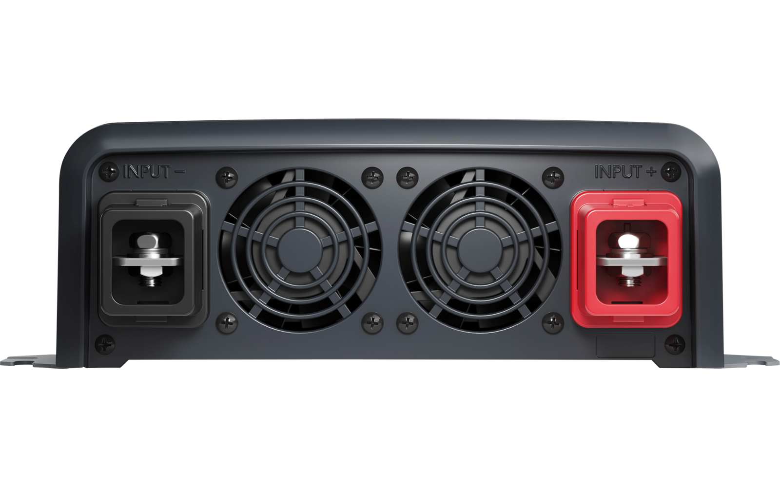Rückseite eines Geräts mit zwei runden Lüftergittern in der Mitte, links ein schwarzer rechteckiger Anschluss, rechts ein roter rechteckiger Anschluss, sichtbare Schrauben und Montageflansch am unteren Rand
