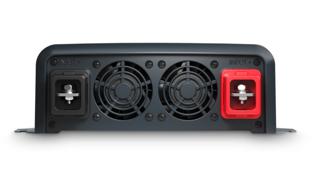 Retro di un dispositivo con al centro due griglie circolari delle ventole, a sinistra un connettore rettangolare nero, a destra un connettore rettangolare rosso, viti visibili e una flangia di montaggio in basso