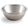 Round stainless steel bowl with wide rim and small slots, on white background