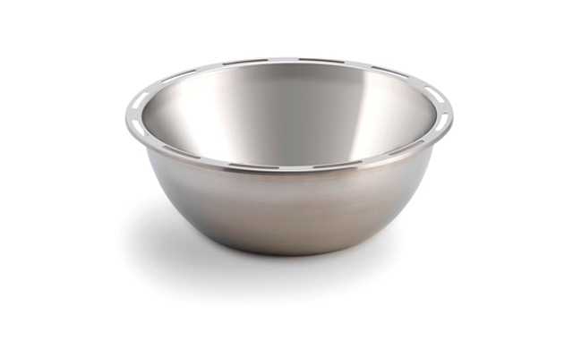 Round stainless steel bowl with wide rim and small slots, on white background