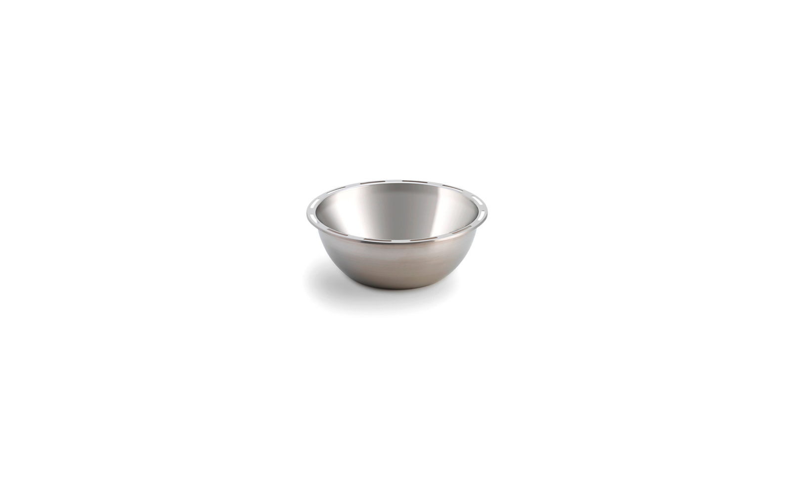 Round stainless steel bowl with wide rim and small slots, on white background