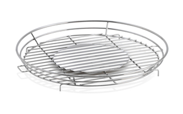 Round metal wire rack with concentric rings, flat round insert in the center, and three small feet