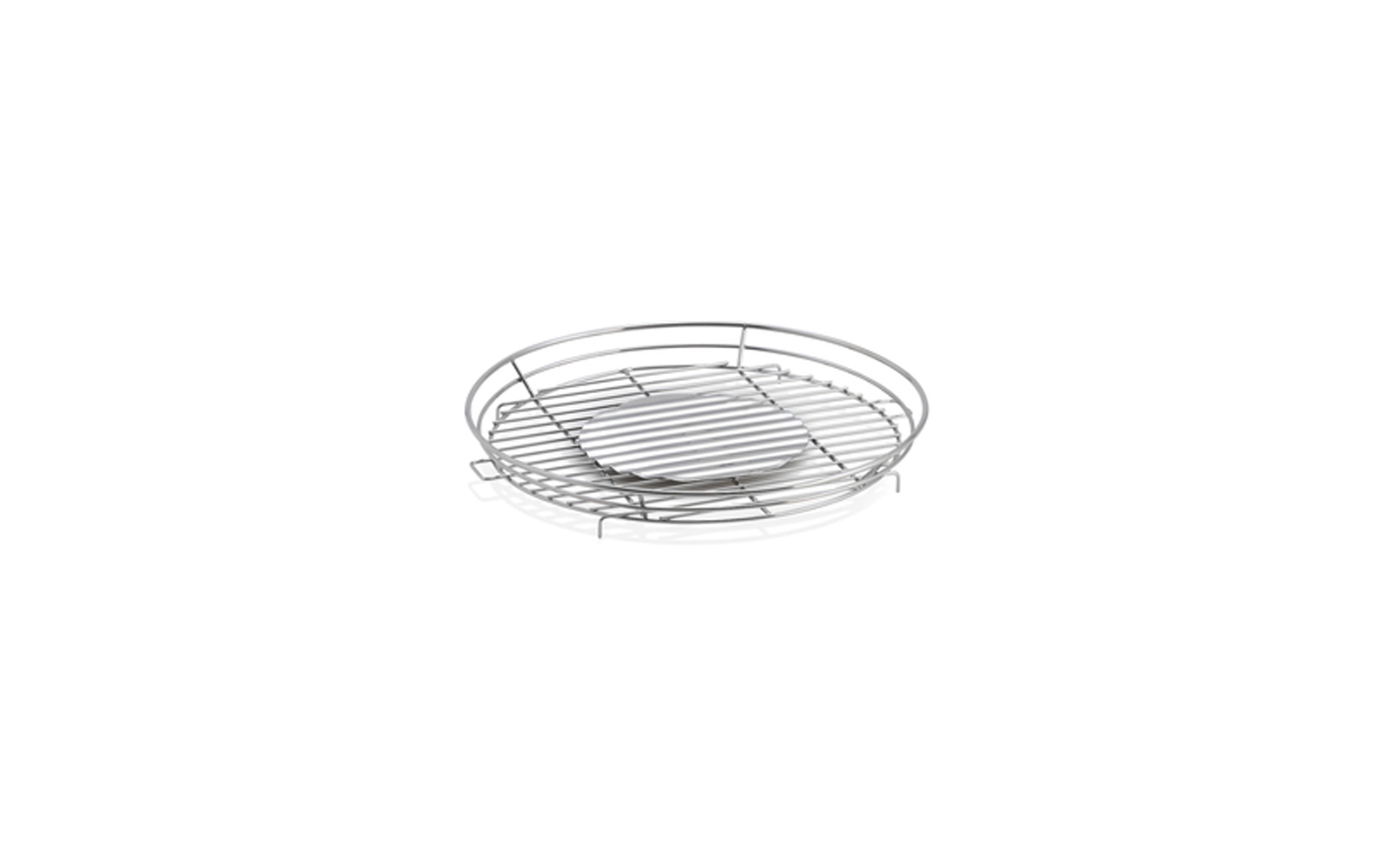 Round metal wire rack with concentric rings, flat round insert in the center, and three small feet