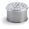 Round perforated silver metal container with a flat lid and small central handle