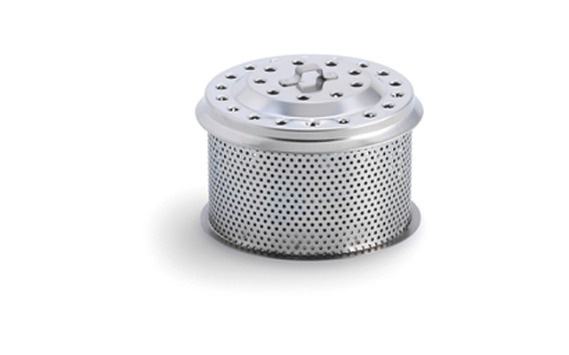Round perforated silver metal container with a flat lid and small central handle