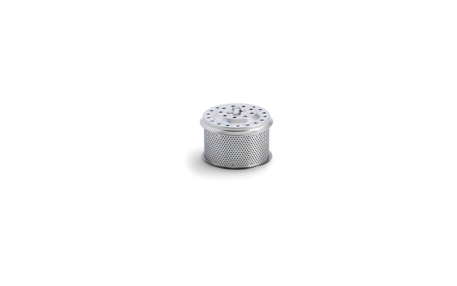 Round perforated silver metal container with a flat lid and small central handle