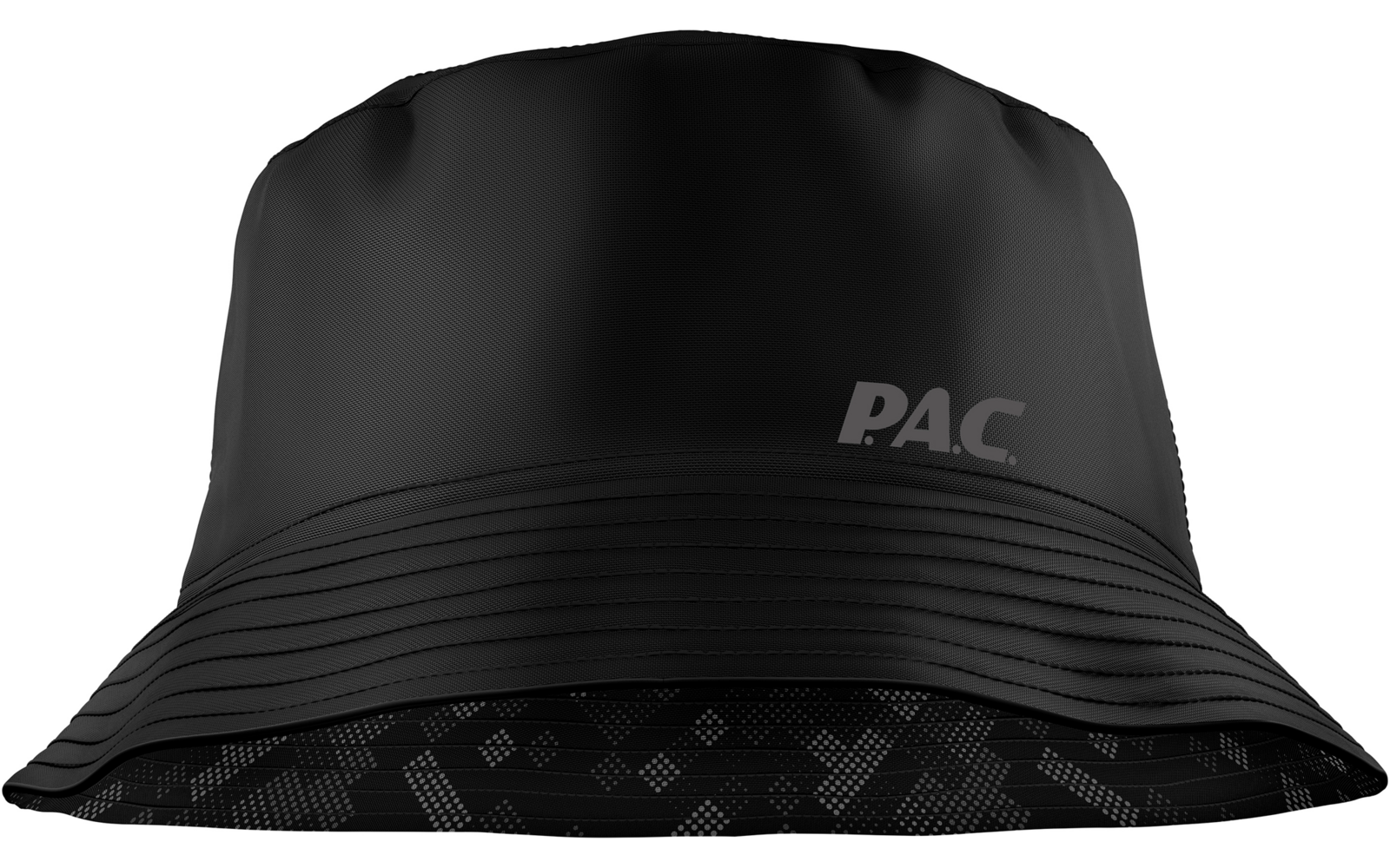 Zwarte buckethoed met P.A.C.-logo aan de zijkant en patroon op de binnenrand