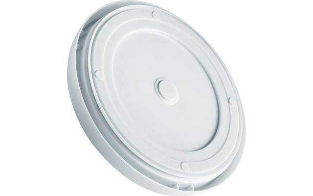 Round white plastic lid with concentric ridges and several small round protrusions on the rim, shown tilted on a white background