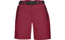 Dunkelrote Shorts mit schwarzem Gürtel mit zwei hellen Streifen, zwei frontale Reißverschlusstaschen und sichtbare Nähte