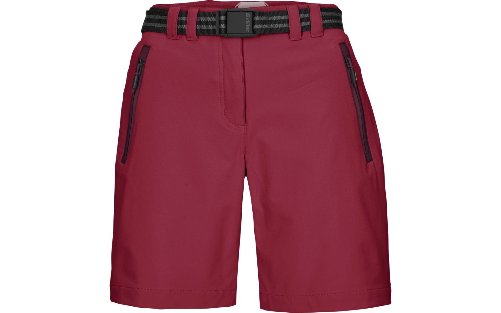 Pantalones cortos rojo oscuro con cinturón negro con dos franjas claras, dos bolsillos frontales con cremallera y costuras visibles