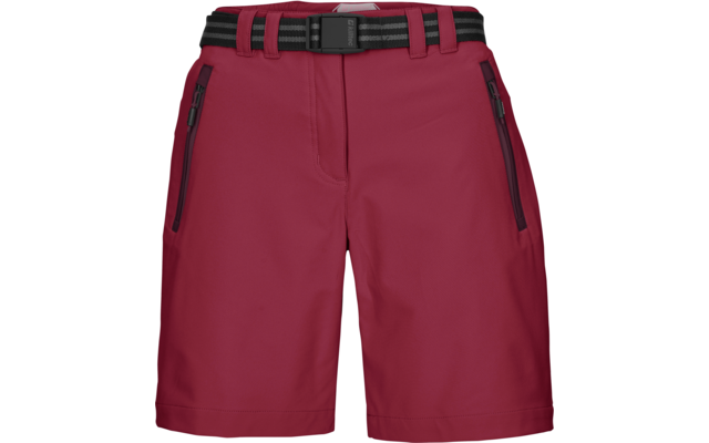 Dunkelrote Shorts mit schwarzem Gürtel mit zwei hellen Streifen, zwei frontale Reißverschlusstaschen und sichtbare Nähte