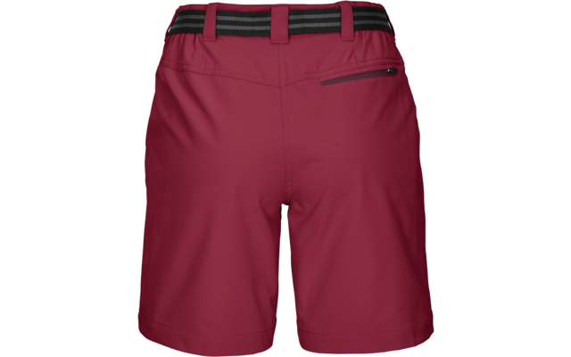 Dunkelrote Shorts, Rückansicht, elastischer Bund mit schwarzen und grauen Streifen, Gürtelschlaufen, rechte hintere Reißverschlusstasche