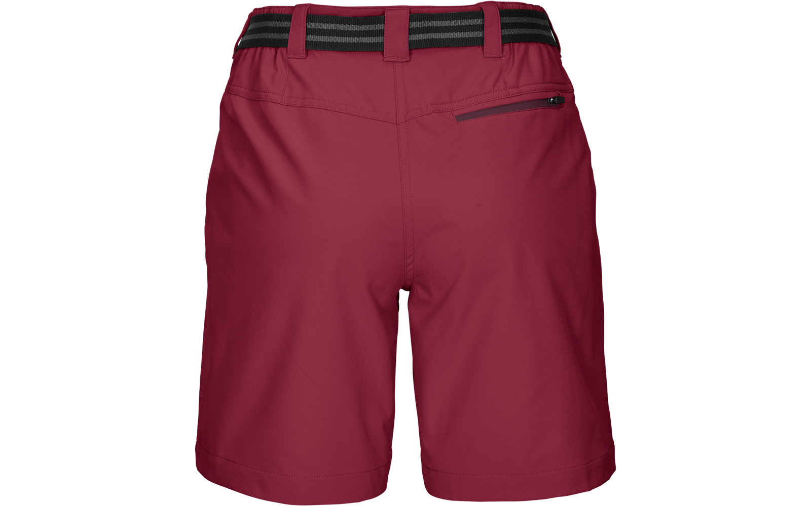 Dunkelrote Shorts, Rückansicht, elastischer Bund mit schwarzen und grauen Streifen, Gürtelschlaufen, rechte hintere Reißverschlusstasche