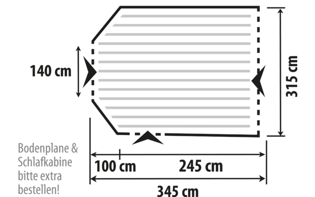 Technische tekening van een rechthoekige tent met afmetingen in centimeters
