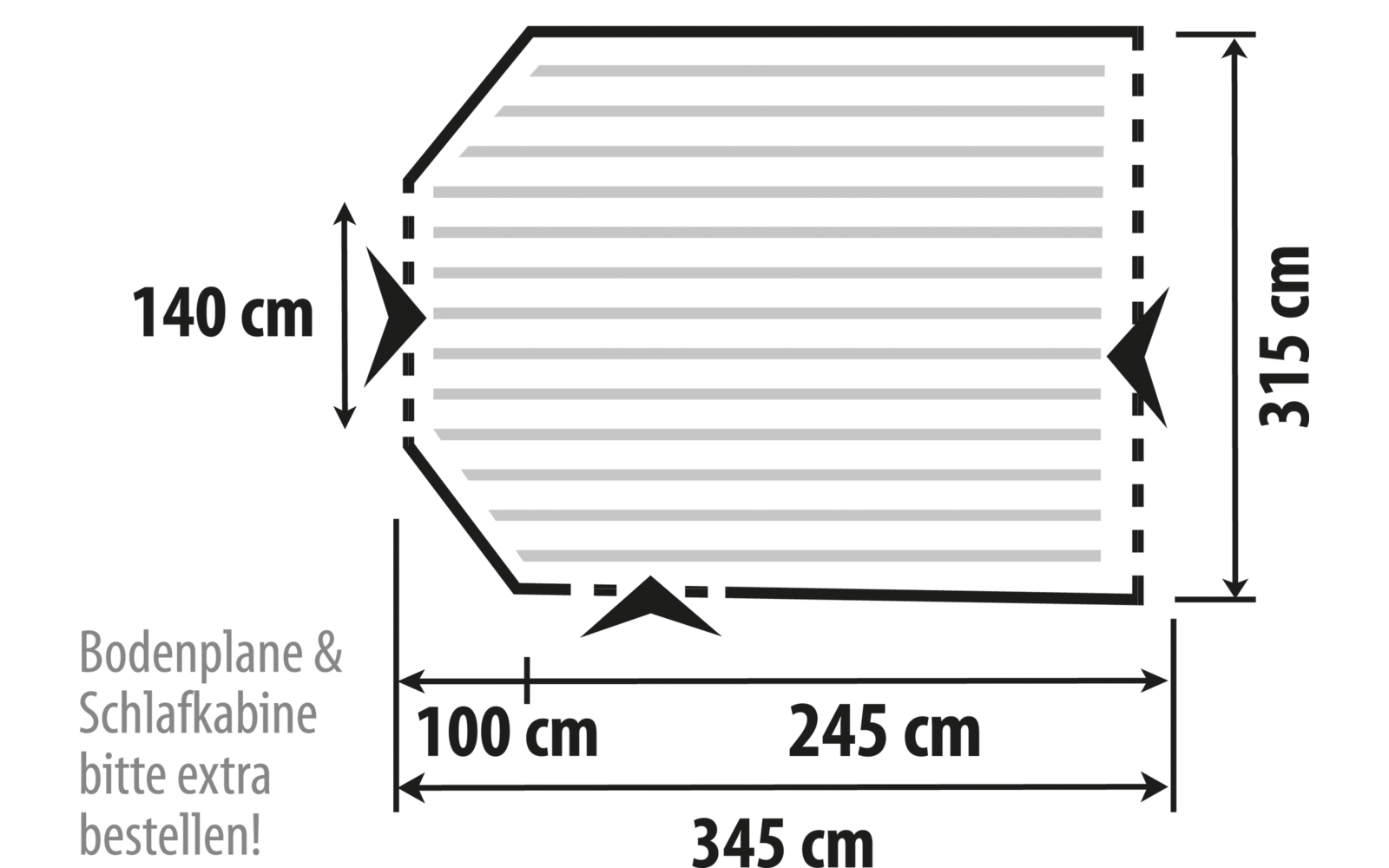 Technische tekening van een rechthoekige tent met afmetingen in centimeters