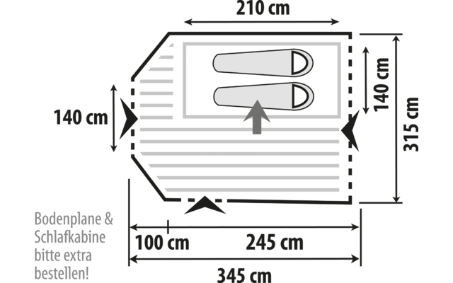 Schets van een tent met afmetingen in centimeters, inclusief slaapcabine en grondzeil