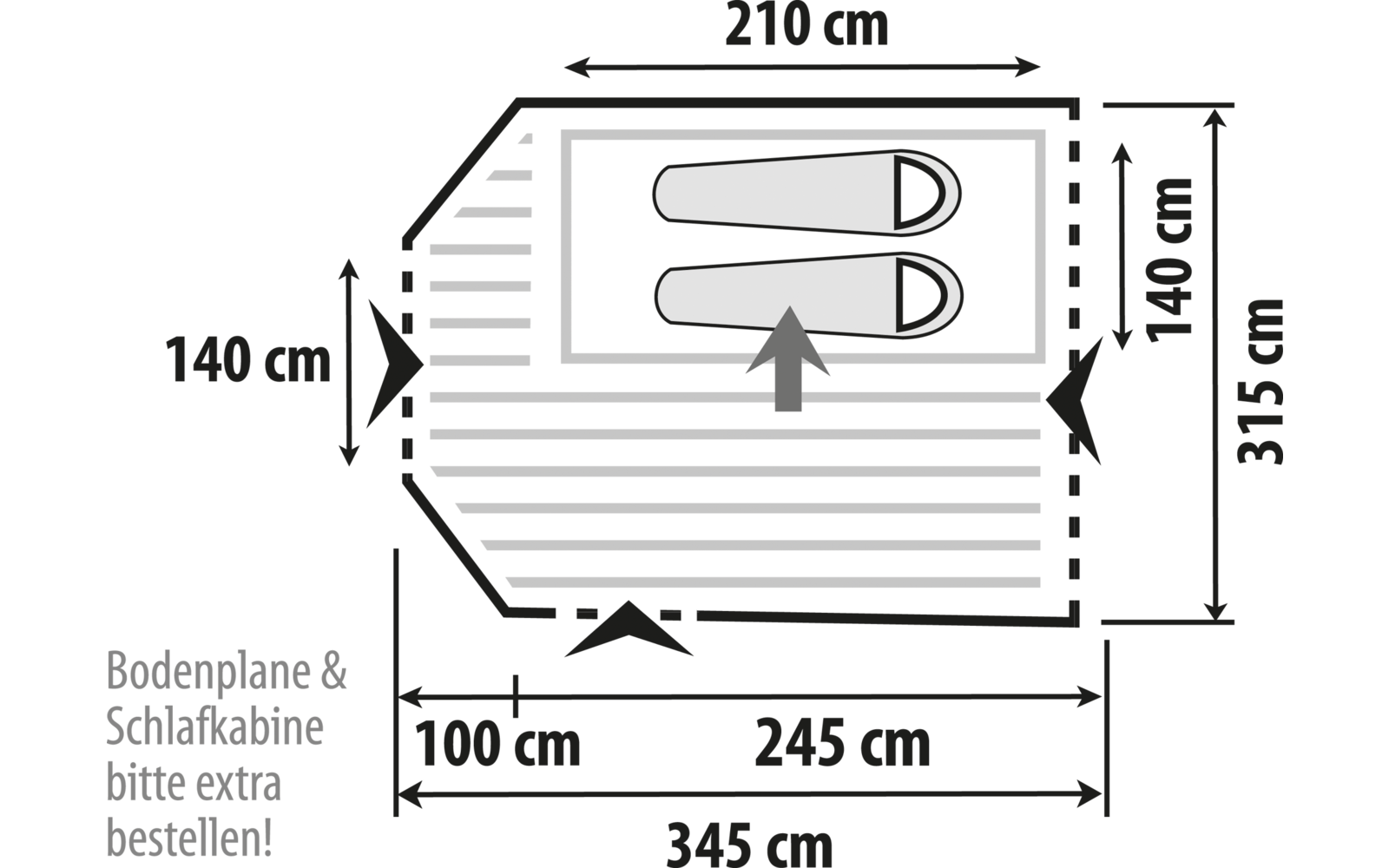 Schets van een tent met afmetingen in centimeters, inclusief slaapcabine en grondzeil