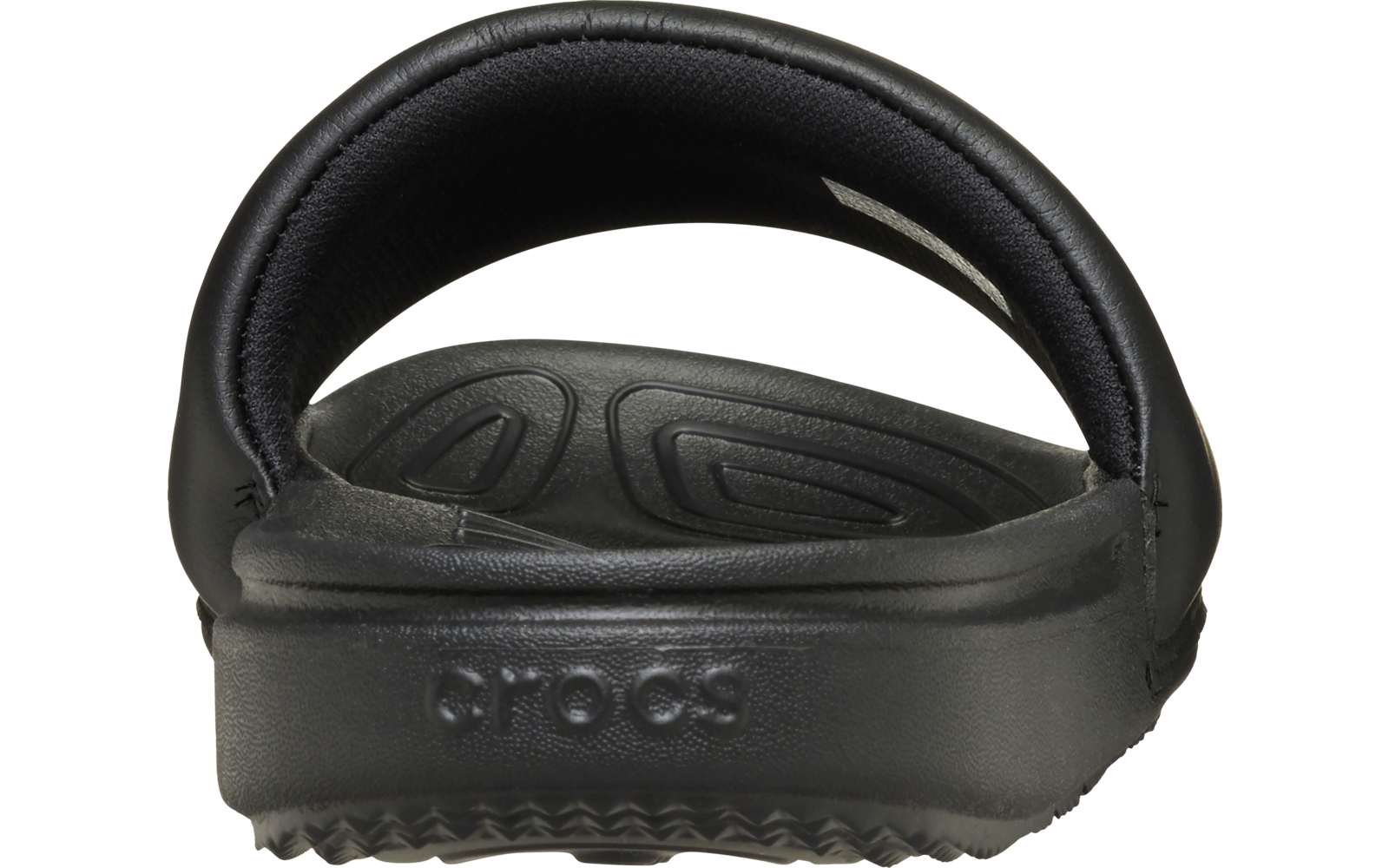 Rückansicht eines schwarzen Crocs-Clogs mit sichtbarem Markenlogo, gepolstertem Fersenriemen, strukturierter Innensohle und geriffelter Laufsohle