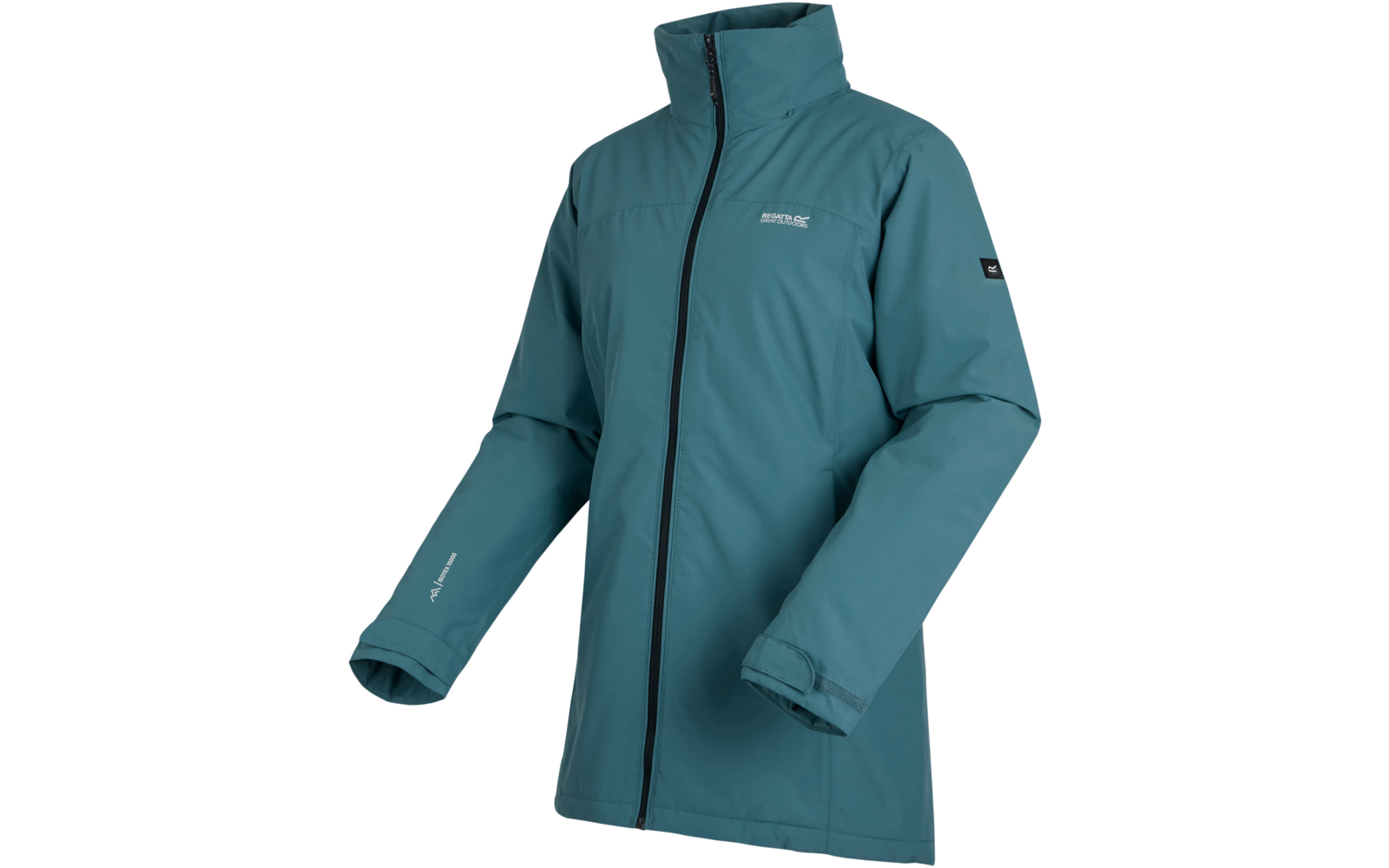 Imperméable turquoise avec col montant et manches longues