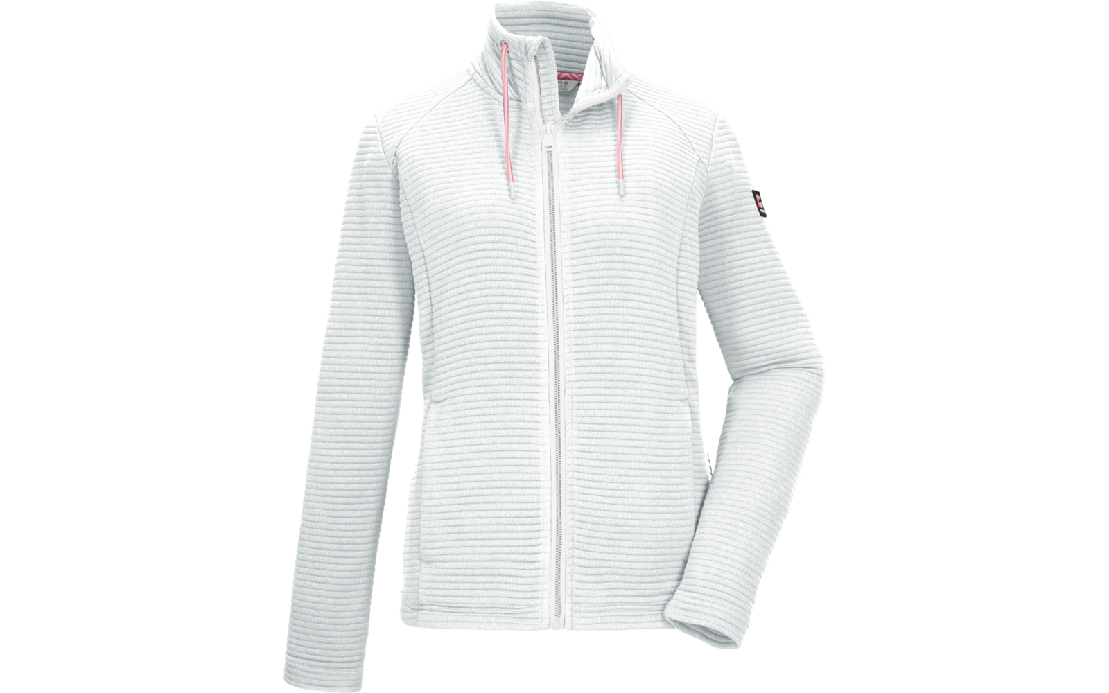 Giacca in pile rigata grigio chiaro con cerniera centrale, collo alto, cordini rosa al collo, due tasche laterali e piccolo patch logo sulla parte superiore della manica sinistra