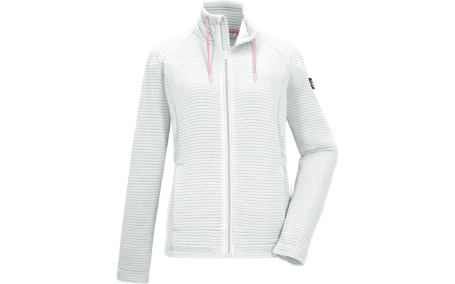 Giacca in pile rigata grigio chiaro con cerniera centrale, collo alto, cordini rosa al collo, due tasche laterali e piccolo patch logo sulla parte superiore della manica sinistra