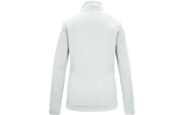 Vista posteriore di una giacca grigio chiaro con collo alto, maniche lunghe e trama a coste orizzontali, nessun logo visibile