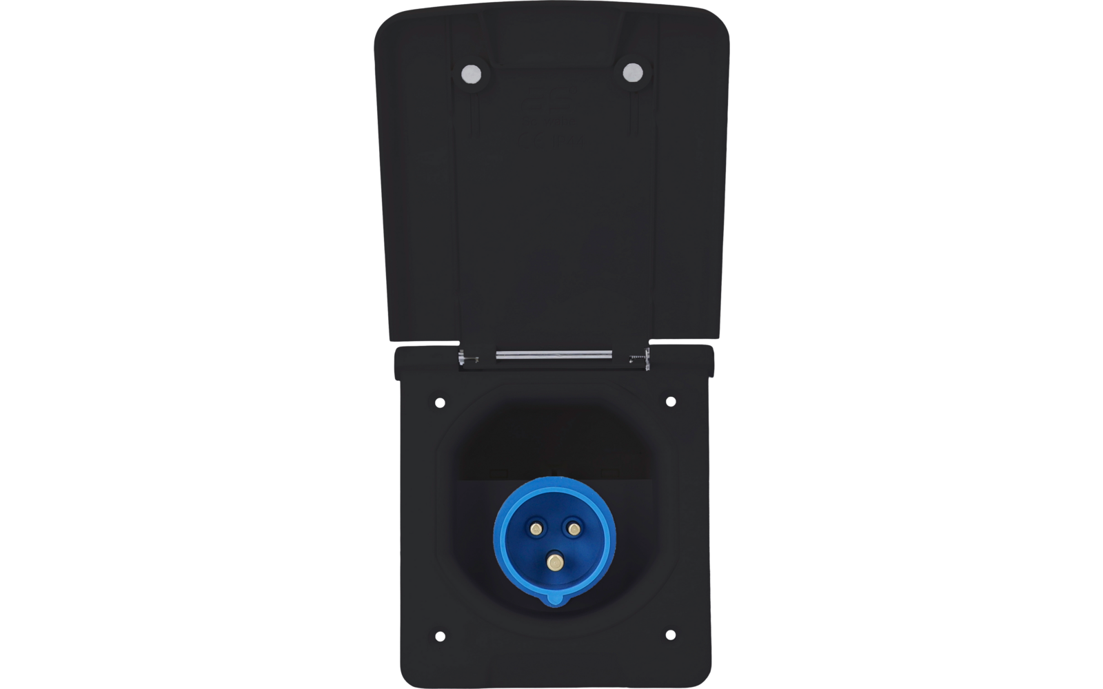 Schwarze rechteckige Abdeckung geöffnet, darunter eine blaue runde Steckdose mit drei runden Kontaktöffnungen
