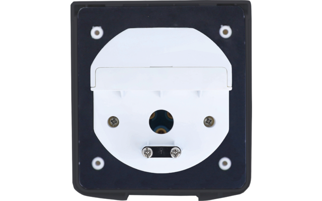 Weiße runde Einfassung mit aufklappbarer Abdeckung auf schwarzer quadratischer Platte, rundes Mittelloch und sichtbare Schrauben