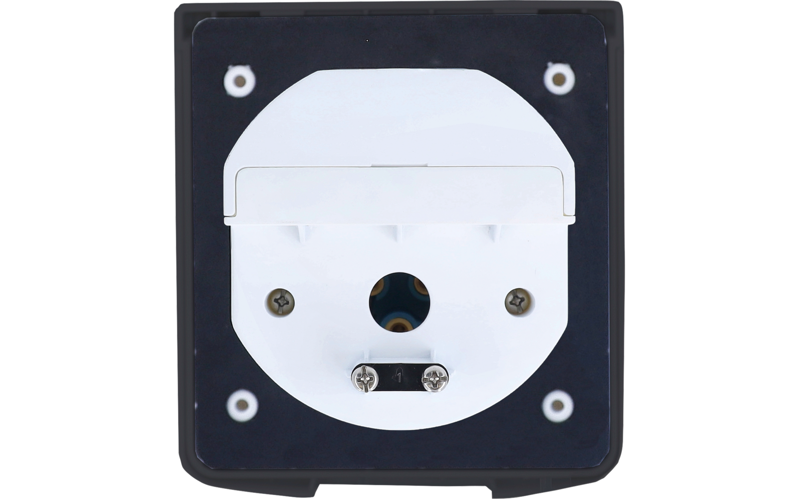 Weiße runde Einfassung mit aufklappbarer Abdeckung auf schwarzer quadratischer Platte, rundes Mittelloch und sichtbare Schrauben