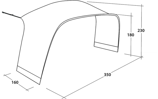 Schwarz-weiße technische Zeichnung eines gebogenen, halb offenen Bauteils mit rechteckigen Öffnungen an beiden Enden; Maßlinien mit Werten 350, 160, 180 und 230; kurzes Kabel oben links