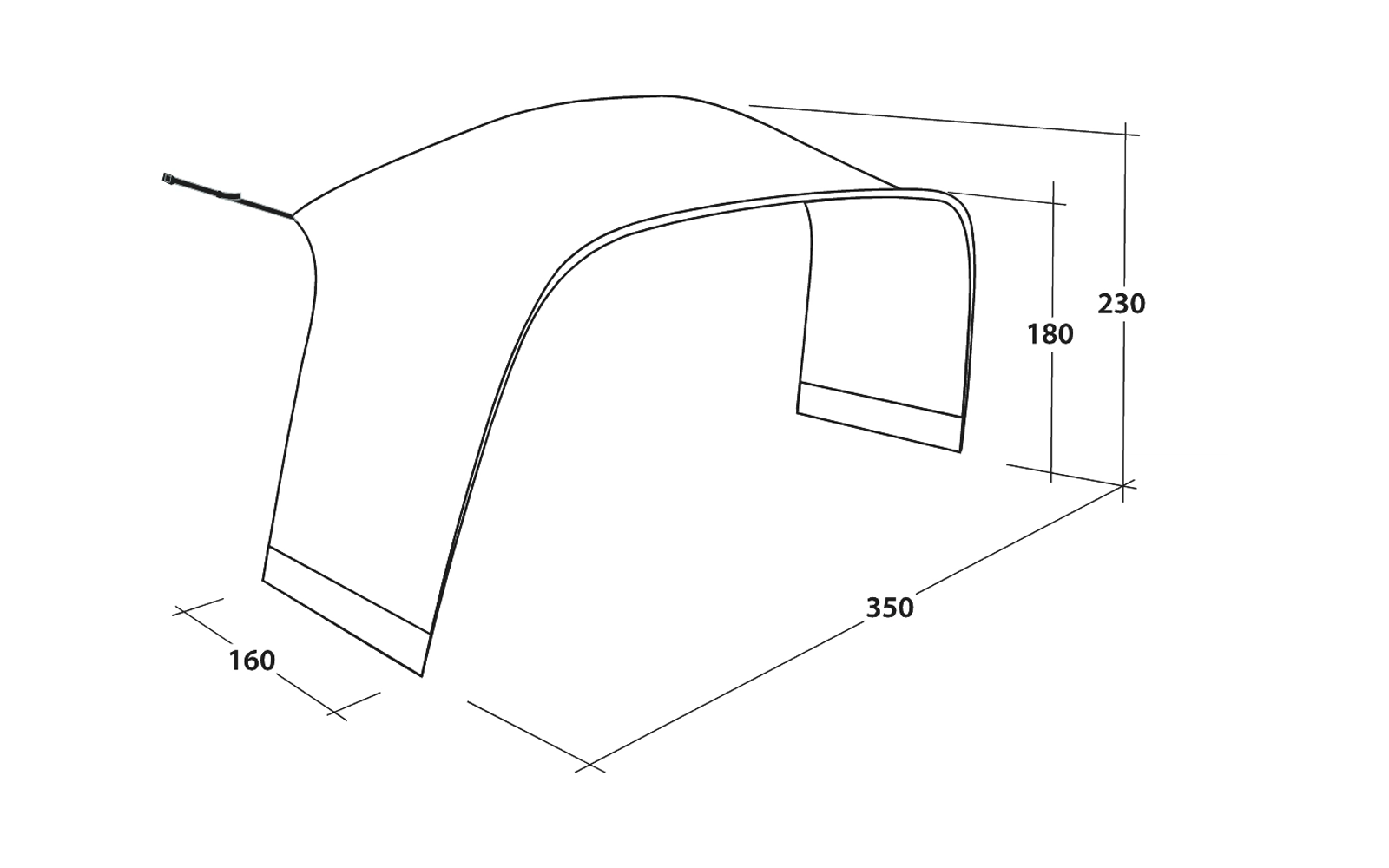 Schwarz-weiße technische Zeichnung eines gebogenen, halb offenen Bauteils mit rechteckigen Öffnungen an beiden Enden; Maßlinien mit Werten 350, 160, 180 und 230; kurzes Kabel oben links