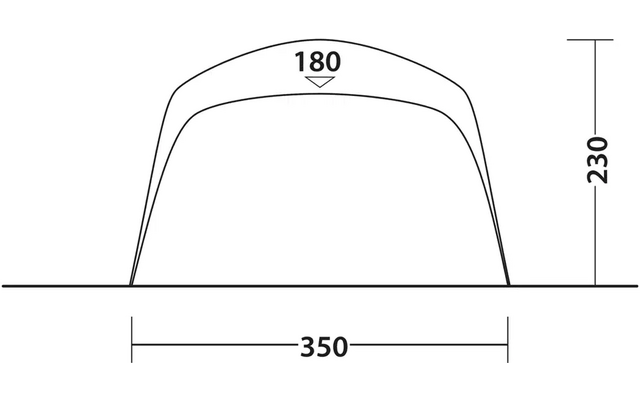 Strichzeichnung einer bogenförmigen Struktur mit zwei Konturlinien über einer Bodenlinie; oben Zahl '180' mit Maßpfeil, rechts vertikale Maßlinie mit '230', unten horizontale Maßlinie mit '350'