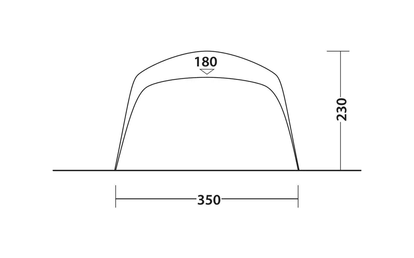 Strichzeichnung einer bogenförmigen Struktur mit zwei Konturlinien über einer Bodenlinie; oben Zahl '180' mit Maßpfeil, rechts vertikale Maßlinie mit '230', unten horizontale Maßlinie mit '350'