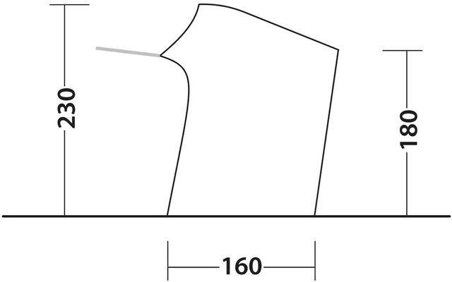 Schwarz-weiße Linienzeichnung: schräg stehender trapezförmiger Körper auf einer Bodenlinie; kurze graue Linie am oberen linken Rand; linke Höhe 230, rechte Höhe 180, Basisbreite 160