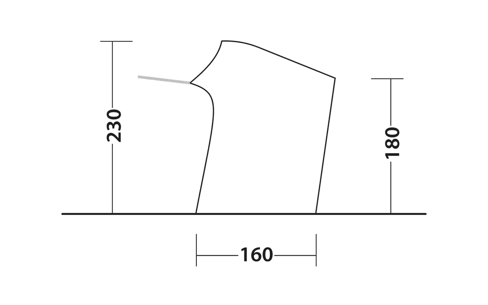 Schwarz-weiße Linienzeichnung: schräg stehender trapezförmiger Körper auf einer Bodenlinie; kurze graue Linie am oberen linken Rand; linke Höhe 230, rechte Höhe 180, Basisbreite 160