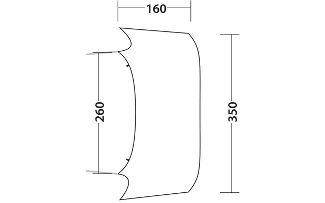 Schwarze Kontur einer abgerundeten rechteckigen Form mit zwei Aussparungen links; Maßlinien und Zahlen 160 (oben), 260 (links), 350 (rechts), Pfeile an der inneren Kante