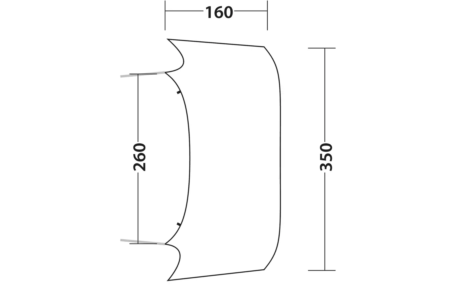 Schwarze Kontur einer abgerundeten rechteckigen Form mit zwei Aussparungen links; Maßlinien und Zahlen 160 (oben), 260 (links), 350 (rechts), Pfeile an der inneren Kante