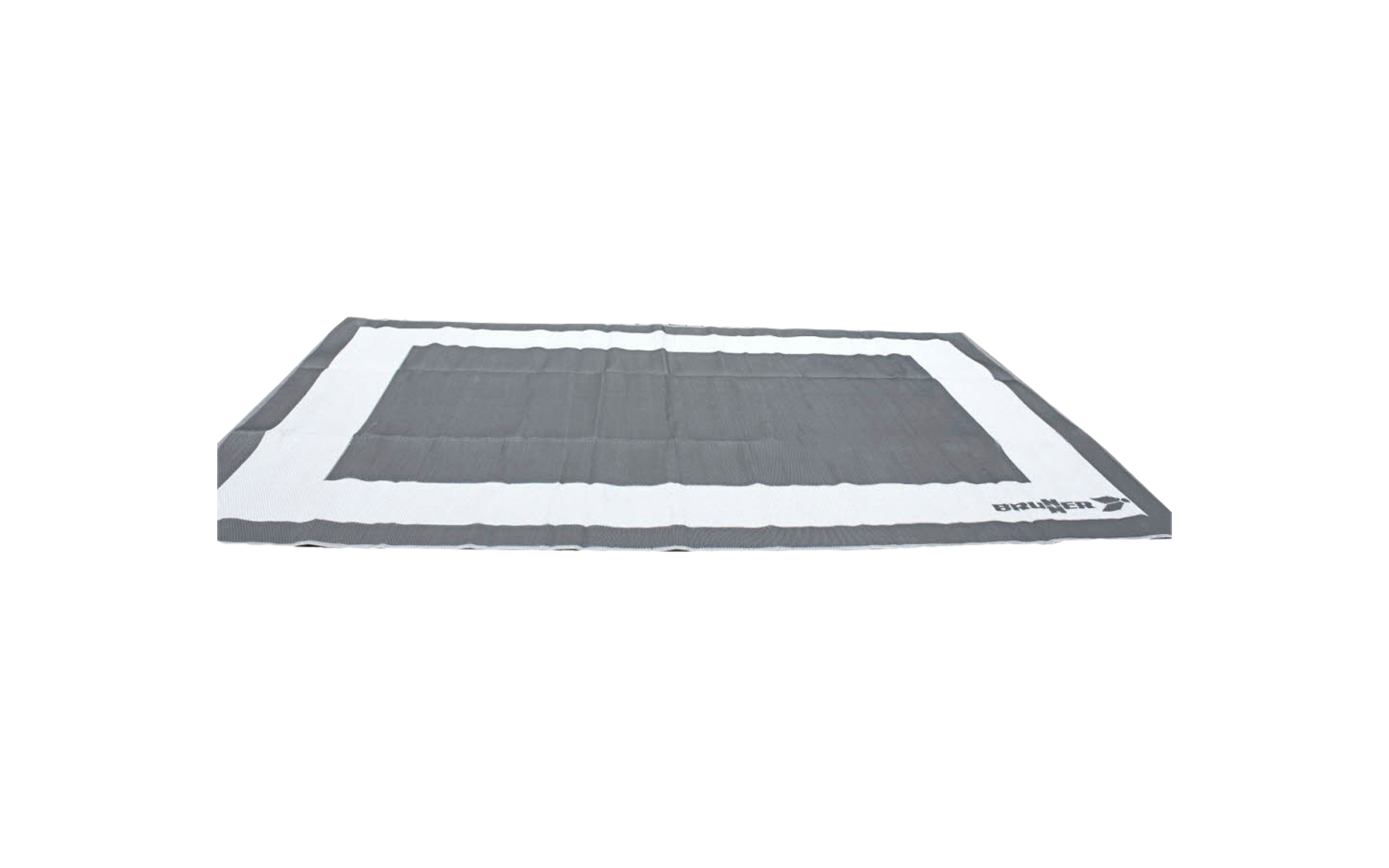 Ein rechteckiger, schwarz-weißer Teppich mit einem breiten weißen Rand