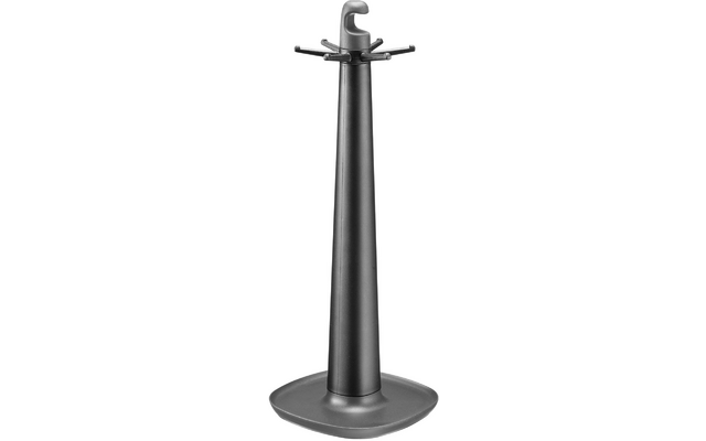 Soporte autoportante gris con columna cónica, base ovalada ancha, varios brazos horizontales cortos en la parte superior y un asa curva en la cima