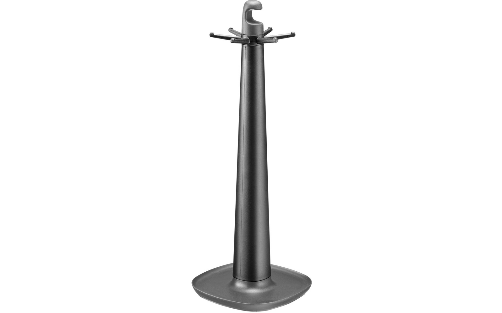 Soporte autoportante gris con columna cónica, base ovalada ancha, varios brazos horizontales cortos en la parte superior y un asa curva en la cima