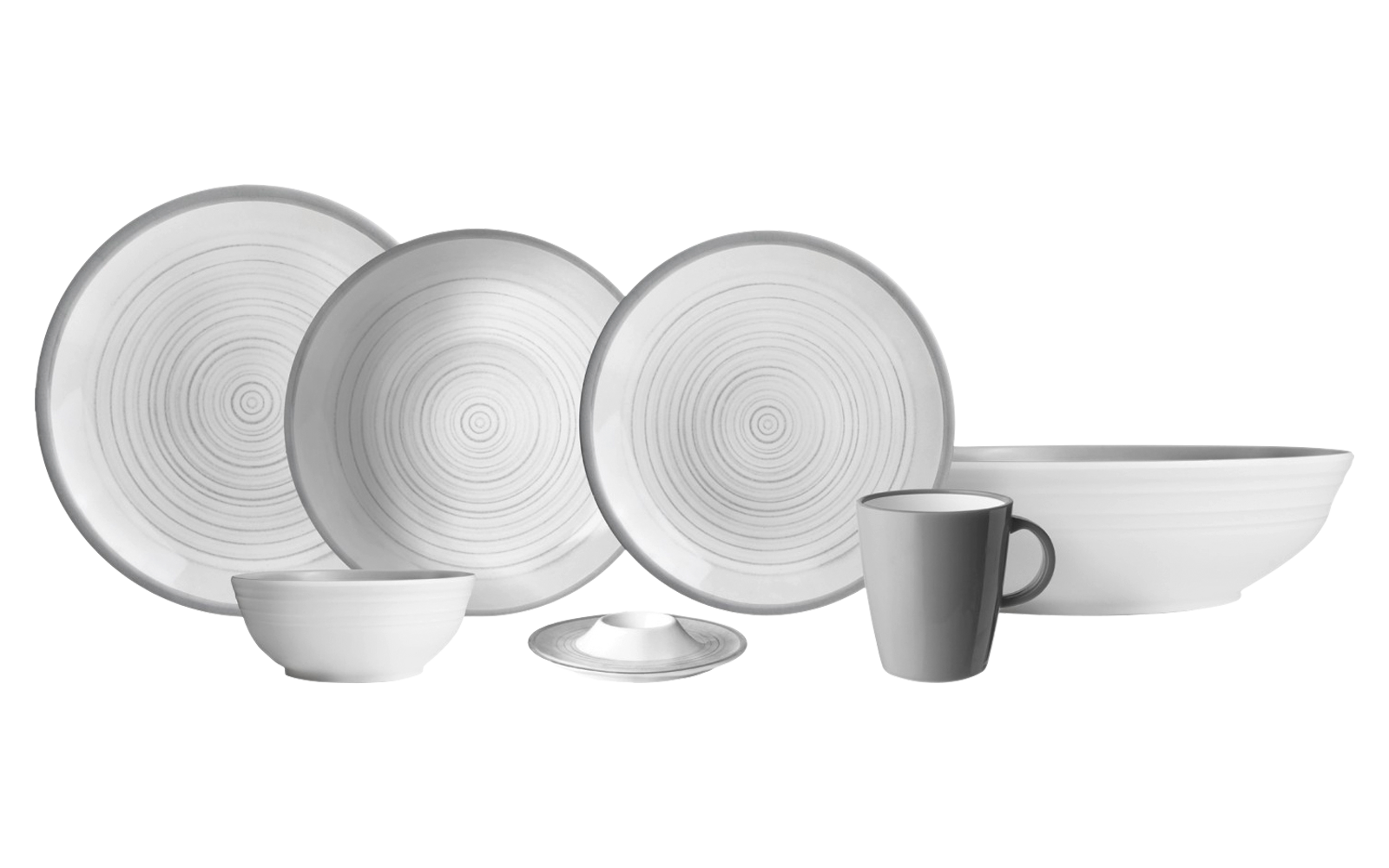 Drei flache Teller mit konzentrischen Ringen, eine große Schüssel, eine kleine Schüssel, eine flache Schale und eine Tasse mit Henkel