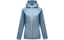 Light blue quilted jacket with hood, front view, full-length zipper, quilted front panel, smooth sleeves, two zippered side pockets, small white logo on the chest