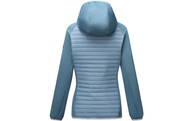 Back view of a light blue hooded jacket with quilted back panel and smooth sleeves