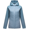 Light blue quilted jacket with hood, front view, full-length zipper, quilted front panel, smooth sleeves, two zippered side pockets, small white logo on the chest