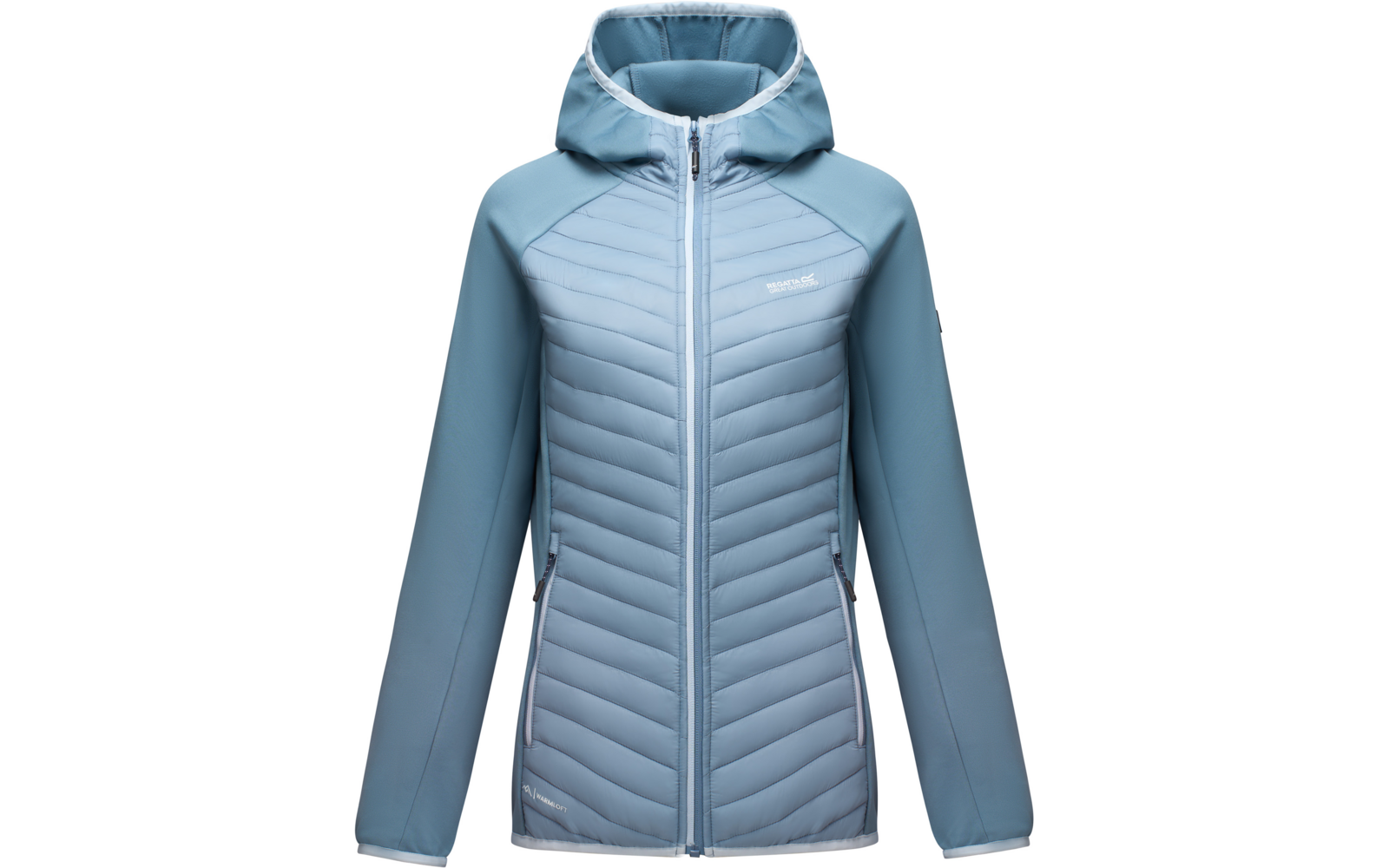 Light blue quilted jacket with hood, front view, full-length zipper, quilted front panel, smooth sleeves, two zippered side pockets, small white logo on the chest
